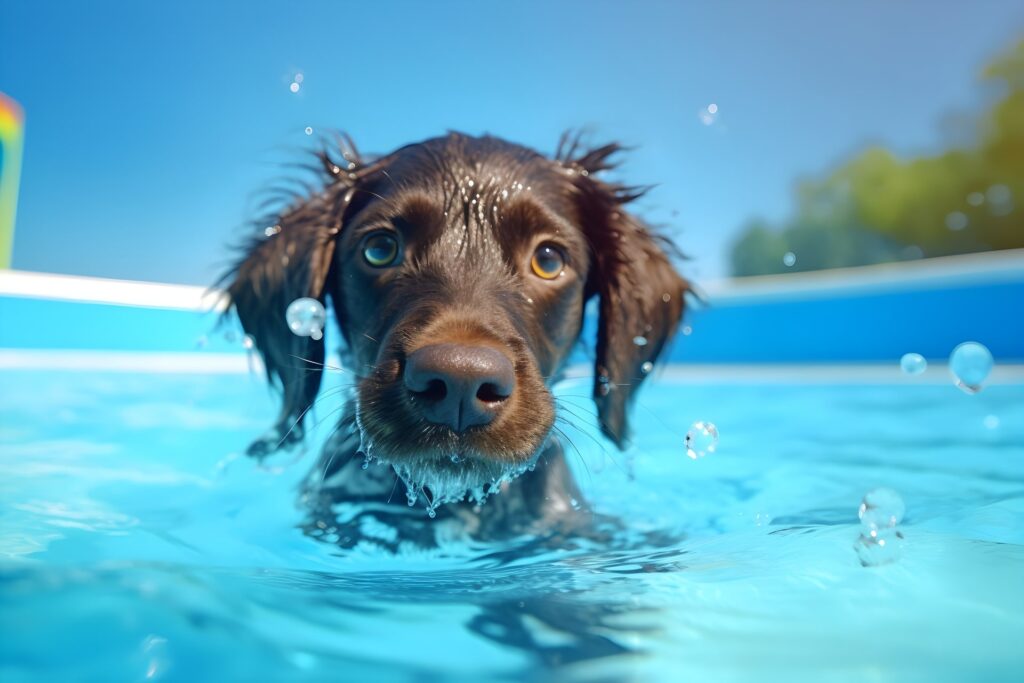 プールで泳ぐ犬