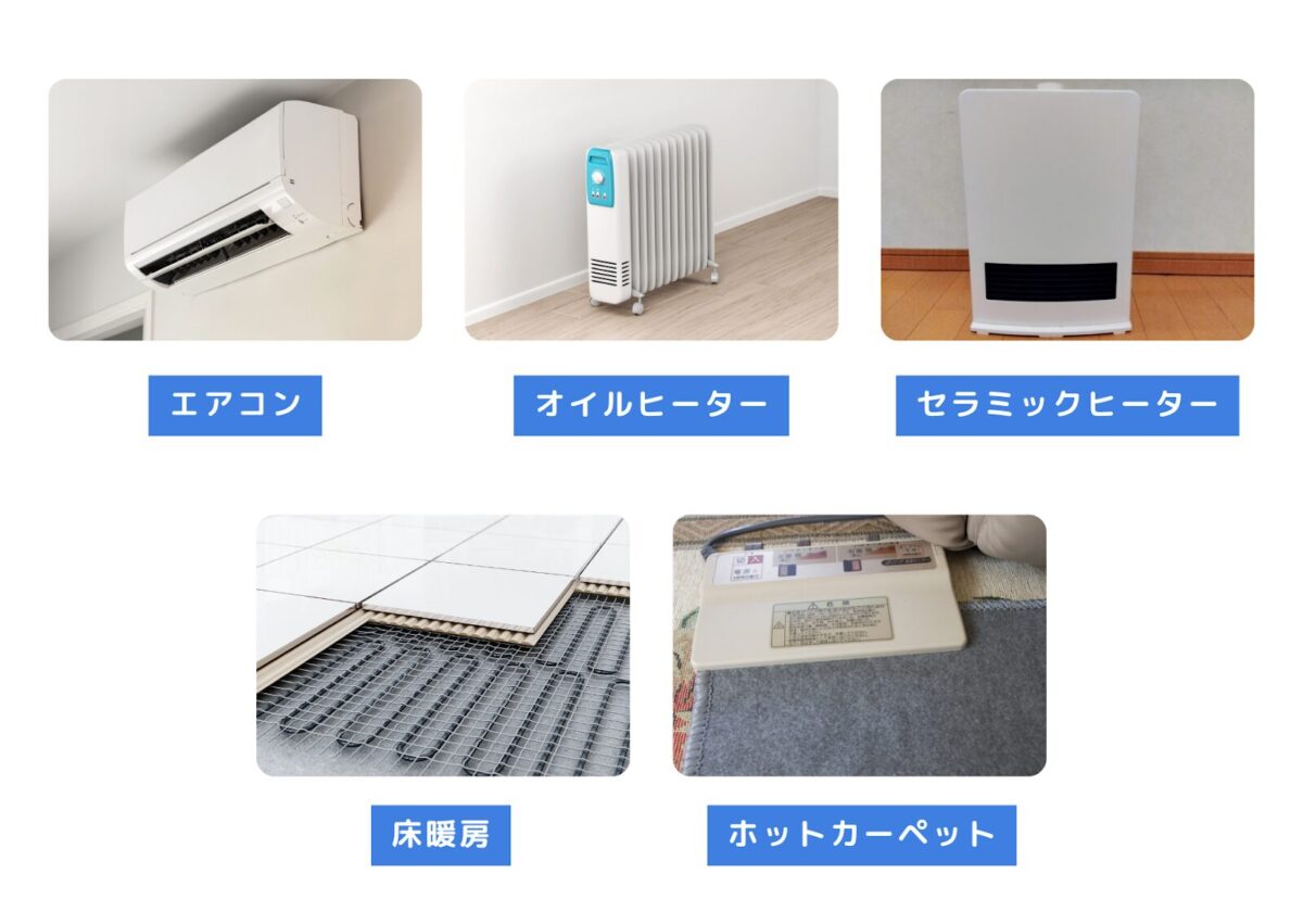 エアコン、オイルヒーター、セラミックヒーター、床暖房、ホットカーペットといった暖房器具がそれぞれ写真で紹介されている画像