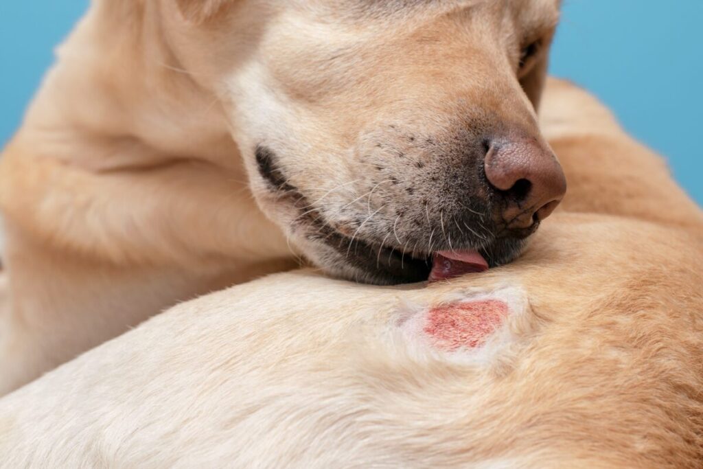 舐めて脱毛している犬