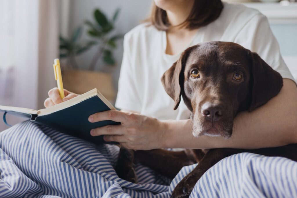 犬と日誌を書く飼い主様